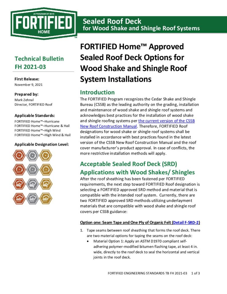 2021-03 : Sealed Roof Deck for Wood Shake and Shingle Roof Systems