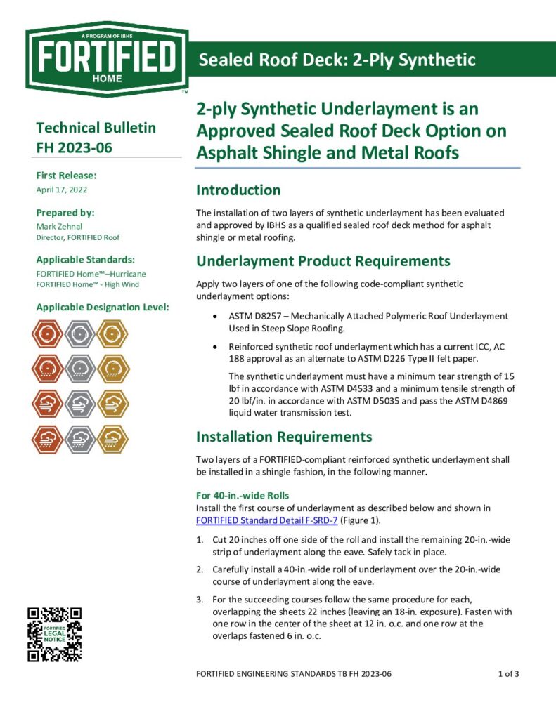2023-06 : 2-ply Synthetic Underlayment is an  Approved Sealed Roof Deck Option on Asphalt Shingle and Metal Roofs