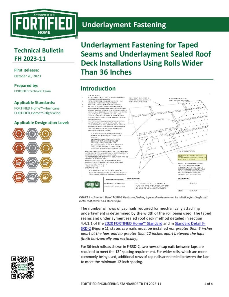 2023-11 : Underlayment Fastening for Taped Seams and Underlayment Sealed Roof Deck Installations Using Rolls Wider Than 36 Inches
