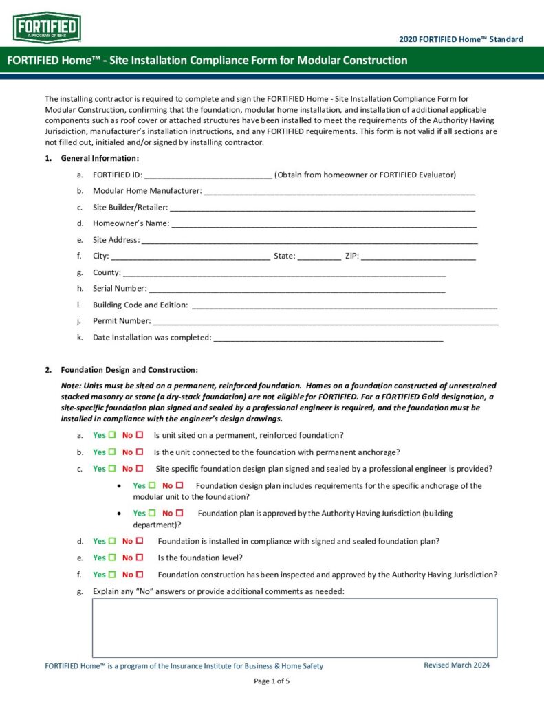 Modular Home Site Installation Compliance Form